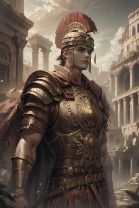 (Absurdres, intricate details, masterpiece, best quality, high resolution, 8k), GS-DeFeminize, (1man), (male:1.2), mature, dandy face, finely detailed eyes and face, athletic body, masculine appeal, commanding presence, mocha skin, ancient Roman man, Mediterranean, hazel eyes, auburn crew cut hair, stubble shaving, frustrated, lavish details, lorica segmentata full armor, galea helmet, flutter cape, cinematic pose, rome city background, romanarmy, <lora:ARWromanarmy:1>, fantrome, roman soldier, roman city, roman pillars, <lora:fantrome_v3:0.6>, romapunkai, <lora:GrecoRomaPunkAI:0.6>, Depth of Field, VFX, Focal Pull, High Angle Shot, Front Lighting, Tone-mapping, Ambient Occlusion, Secondary Fill Light, Spectacular Map, Atmospheric Perspective.