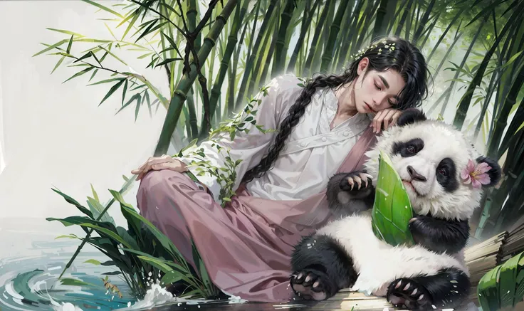 (best quality), ((masterpiece)),
((bamboo)), tree, grass, hill, flower, forest,river,fish
((1boy)),aged down, pink cloth, white cloth, chinese clothes, black hair, black eyes, head rest, sleeping, ((sit)), braids,
((panda)), bamboo shoot, eating, <lora:panda_tm:0.5>, cure lovely,
<lora:OvergrownCity:0.5>, over_grown,((creepers)), (white flowers:0.7),