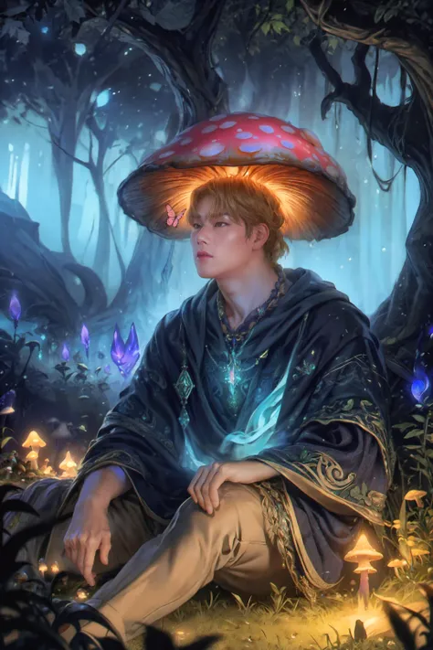 <lora:DruidMagicAI-000010:0.5> <lora:joohoney:0.7>
(Absurdres, masterpiece, best quality, high resolution, 8k, wide angle)
(a male), jooheon face, muscular, man, kind demeanor, portrait, close up, complex DruidMagicAI background, garden, mushroom druid, sitting, Light Pink clothing, nature, swirling magical energy in the air, druidic, mysterious dark night, blue magical lights, ethereal atmosphere, pink and green color theme
(intricate details, hyperdetailed:1.2), Depth of field, VFX