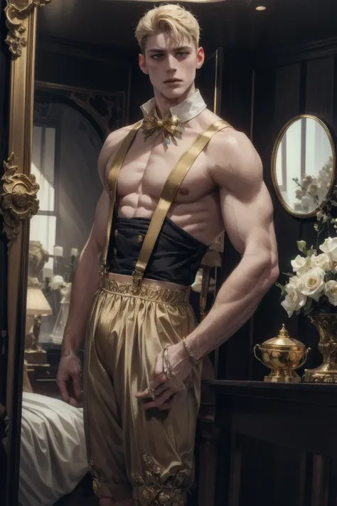 a man with shirtless and suspenders on is posing in front of a mirror, <lora:FiveDecorsAIx3:0.4>, ivorygoldai, ivory-gold, grandiose details,