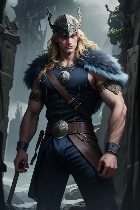 (Absurdres, Absurd Amount of Details, Intricate Details, Masterpiece, Best Quality, High Resolution, 8k), (1man), (male:1.2), mature, dashing face, finely detailed eyes and face, toned body, masculine appeal, commanding presence, hot stud, bulging biceps and triceps, well-developed quadriceps and hamstrings, light skin, turquoise wavy hair, ruby eyes, standing with one hand on a nearby object and one leg slightly bent, precise and accurate details, danish, portrait, looking down, solo, half shot, detailed background, (high fantasy medieval theme:1.1), nordic medieval raider, fighting stance, norse pagan mythology, blood soaked, simple muted dark blue fur lined leather vest, helmet, mjolnir symbolism, rain, cinematic scene composition, norse dark fantasy atmosphere,, finely detailed background, Depth of Field, VFX.