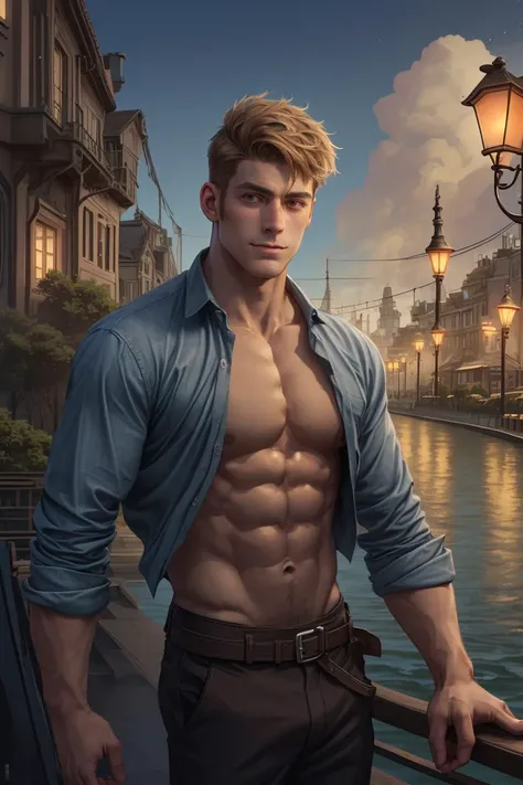 (Absurdres, Absurd Amount of Details, Intricate Details, Masterpiece, Best Quality, High Resolution, 8k), (1man), (male:1.2), old, handsome face, finely detailed eyes and face, athletic body, masculine appeal, commanding presence, broad and well-defined pectoral muscles, chiseled six-pack of abs, amber skin, balayage wavy undercut hair, dark brown eyes, excited face, informative details, chambray shirt, waterfront promenade, coastal breeze, panoramic views, recreational, <lyco:SteamPunkBundleV3:0.5>, GasLampFantasyAI, finely detailed background, Depth of Field, VFX.