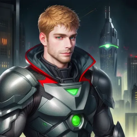 (1man, athletic adult male:1.2), grey-blue eyes, light reddish blonde hair, thin beard, hazel eyes, medium mahogany brown hair, cyborg portrait, looking away, solo, half shot, detailed background, close up, detailed face, futuristic green adamantium armor, thick armor, hexagonal pattern, cape, microchips, robotics, high-tech (gas:0.6) (mask:0.9), head-up display, dynamic pose, epic futuristic city in background, green lights, lasers, sparks, explosions, cinematic atmosphere,