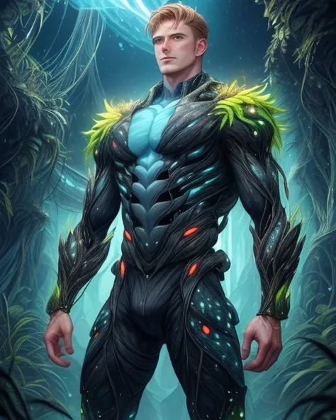 (<lora:BiophyllTech:0.6>, fully-organic, bioluminescent, BiophyllTech theme:1.1) tempera painting \(medium\) of (masculine adult british male:1.2), grey-blue eyes, rich auburn blonde hair, scissor cut, wearing futuristic clothes, exploring an alien world at night, in the ((style of david a. trampier)),,