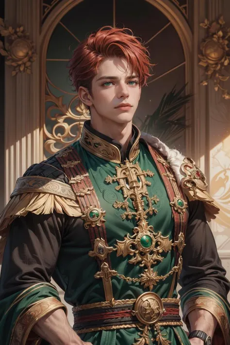 (Absurdres, Intricate Details, Masterpiece, Best Quality, High Resolution, 8k), (1man), (male:1.2), young, masked face, finely detailed eyes and face, athetic, masculine appeal, commanding presence, accentuated muscular physique, sienna skin, dark red afro hair, green eyes, leaning back with hands behind back and looking up, Depth of Field, VFX.