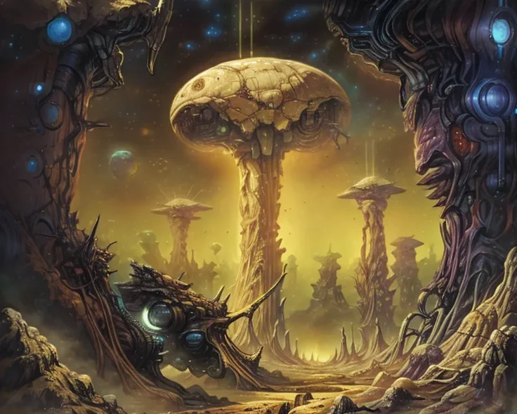 (<lyco:DecorationBundlev2:0.4>, ivorygoldai, ivory-gold theme:1.1) tempera painting \(medium\) of an alien world , in the ((style of glenn fabry:1.3)) <lora:CosmicLandscapes:1> cosmiclandscapes, alien landscape,