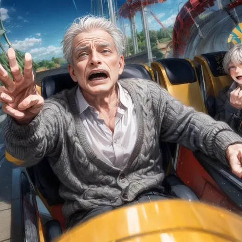 1man, age:75, riding a rollercoaster, screaming, open mouth, hysterical, (cg:1.4), high detail, wearing a gray cardigan,