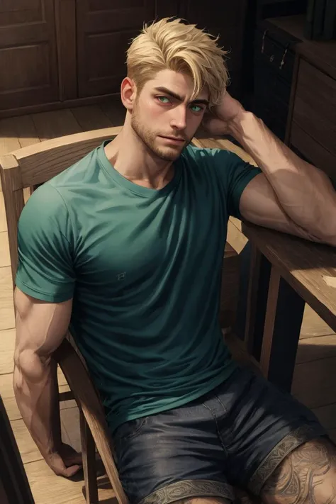 (Absurdres, Absurd Amount of Details, Intricate Details, Masterpiece, Best Quality, High Resolution, 8k), (GS-Masculine:0.2), (1man), (male:1.2), young, chiseled facial features, finely detailed eyes and face, lean body, distinguished and mature with a touch of ruggedness, light skin, aqua short messy hair, sage green eyes, short beard, sitting on a chair hands put on the rail, thorough details, training shirt, finely detailed background, Depth of Field, VFX, Gaussian Blur, Cowboy Shot, Shallow Focus, High Angle Shot, Edge Lighting