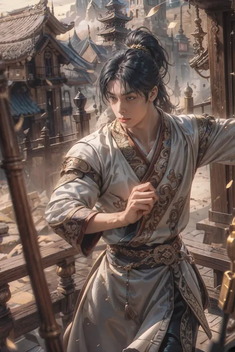 <lora:hngwnV2:0.7> <lora:LowRA:0.3> <lora:IvoryGoldAIv2:0.7>
1 male, mature, aged up, handsome, tall muscular guy, broad shoulders, ponytail hair, detailed face, looking at the viewer, (full body:0.5), (korean fantasy theme, hanbok:1.1), hair flowing in the wind, martial artist, dynamic pose, fighting stance, clenched fist, fingerless gloves, wrist wraps, bamboo forest in the background, swirling floating particles, dynamic composition, mystical eastern medieval atmosphere, Depth of Field, VFX
hdr, (intricate details, hyperdetailed)