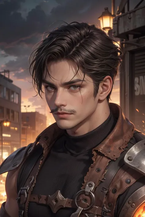 (Absurdres, Intricate Details, Masterpiece, Best Quality, High Resolution, 8k), (1man), (male:1.2), young, dandy face, finely detailed eyes and face, lean, masculine appeal, commanding presence, accentuated muscular physique, tanned skin, brown eyes, dark brown choppy layers hair, handlebar mustache, (style-rustmagic:1.0) solo, half shot, looking at viewer, detailed background, detailed face, (1980s synthwave theme:1.1), rust-champion, rusty armor, rusted iron, rusted metal, (rusty:1.05), brown rust, weathered, worn-out, dented, soot, made of rust, stoic expression, factory in background, dark lighting, shadows, dark clouds, cinematic atmosphere, <lora:FiveDecorsAIx3:0.6> EbonyGoldAI stately details, Depth of Field, VFX.