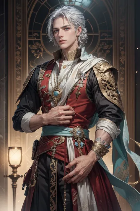 (Absurdres, Intricate Details, Masterpiece, Best Quality, High Resolution, 8k), (1man), (male:1.2), old, aged up, masked face, chiseled jawline, finely detailed eyes and face, muscular, kind and gentle demeanor, light skin, aqua twisted curls hair, silver eyes, standing with one arm raised in the air, Depth of Field, VFX.