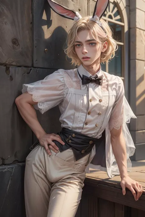 (Absurdres, Intricate Details, Masterpiece, Best Quality, High Resolution, 8k), (1man), (male:1.2), boyish face, (brat:1.2), child-like face, finely detailed eyes and face, slim body, curious and inquisitive appearance, smattering freckles nose, mocha skin, sage green eyes, light pink waves hair, short beard, erotic lace bunny ears waiter outfit cosplay with (crotch bulge), leaning against a wall with one hand on hip and one leg slightly bent, extensive, Depth of Field, VFX.