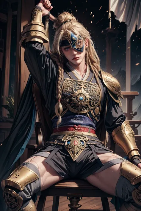 (Absurdres, Intricate Details, Masterpiece, Best Quality, High Resolution, 8k), GS-DeFeminize, (1man), (male:1.2), old, aged up, masked face, chiseled jawline, finely detailed eyes and face, lean body, physique exudes strength and power, dark skin, finely detail eyes and face, dirty blonde dreadlocks hair, dark gray eyes, Van Dyke shaving, blushed, sitting on the back of a chair with hands overhead and legs spread open, solo, half shot, looking up, detailed background, detailed face, (<lyco:FiveDecorsAIx3:0.6> EbonyGoldAI theme:1.1), ronin, Sea Blue samurai armor, dynamic pose, banner in background, wind, cinematic atmosphere,, exact, Depth of Field, VFX.