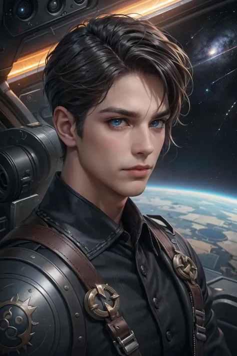 (Absurdres, Intricate Details, Masterpiece, Best Quality, High Resolution, 8k), (1man), (male:1.2), mature, groomed appearance, finely detailed eyes and face, body, sense of adventure and curiosity, light skin, light blue eyes, ombre Ivy League hair, soul patch shaving, (bloody scars:0.7), looking at viewer, solo, (full body:0.6), detailed background, close up, (evil flash theme:1.1), superhero, aggressive expression, outer space, stars, planets, asteroids, flying, debris, cinematic atmosphere, bioshock infinite precise and accurate details, Depth of Field, VFX.