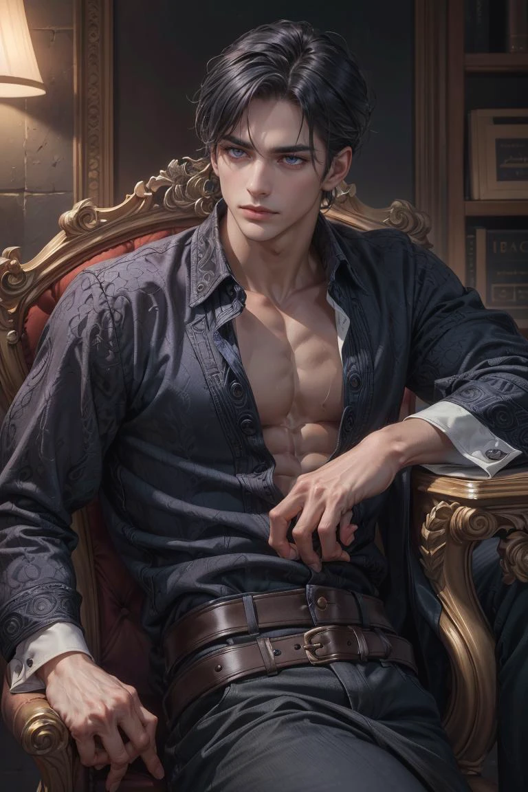 (Absurdres, Intricate Details, Masterpiece, Best Quality, High Resolution, 8k), (1man), (male:1.2), mature, aged up, handsome face, chiseled jawline, finely detailed eyes and face, muscular, sophisticated manner, dark skin, blue black textured fringe hair, violet eyes, laying slouched on a chair, Depth of Field, VFX.