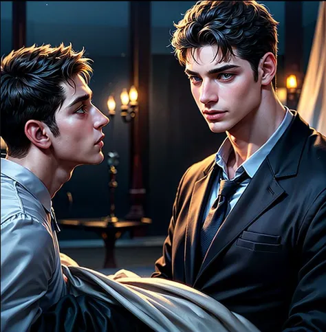 RAW photo, Low light photography, realistic, High quality, masterpiece, two boys, handsome, a person's face in the dark, selective focus, art photo, award-winning work, rim light, in night,