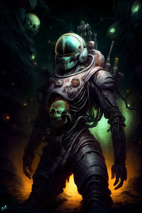 absurdres, intricate details, masterpiece, best quality, high resolution, 8k, (skeleton in astronaut spacesuit:1.2), (skull:1.3), (broken helmet:1.4), (colored light bulbs:1.3), spacesuit, lunar surface, craters, black sky, stars, soft light, front light, rim light
<lora:LunarPunkAI:1> <lora:NecromancyAI:1> <lora:add_detail:1.3> <lyco:GoodHands-beta2:1.0>