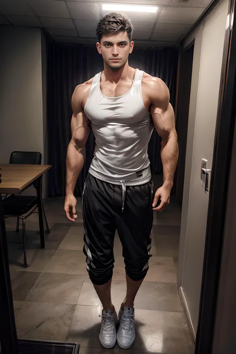 (best quality), (high quality), (detailed), (masterpiece), (absurdres), a portrait of a young man, 1man, looking at the camera, realistic, (cute:1.2), (handsome:1.2), masculine features, toned, tanned skin, short hair, fade side, (wearing black tank top, gray jogger pants, white shoes), indoor, studio, cafeteria, neon lights, professional lighting, photograph, hdr, depth of field, 35mm, dslr shot, canon, f/12, 100 ISO, dynamic lighting, vibrant colors, octane render, ((8k)), (sharp focus), beautiful hands, detailed fingers, <lora:add_detail:0.75>, slender body, thin but muscular body, toned