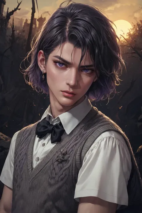 (Absurdres, Absurd Amount of Details, Intricate Details, Masterpiece, Best Quality, High Resolution, 8k), (1man), (male:1.2), mature, aged up, exquisite face, finely detailed eyes and face, slim body, cruel and twisted menacing appearance, full of deformities that suggest a violent past, sun-kissed skin, dark ash blunt cut crop hair, purple eyes, vibrant details, (full body:0.6), sweater vest, finely detailed background, Depth of Field, VFX
