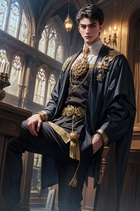 (Absurdres, Intricate Details, Masterpiece, Best Quality, High Resolution, 8k), GS-DeFeminize, (1man), (male:1.2), young, groomed appearance, finely detailed eyes and face, slim body, distinguished and mature with a touch of ruggedness, mocha skin, finely detail eyes and face, auburn Caesar cut hair, black eyes, goatee shaving, sarcastic, hands in pockets and leaning back on one leg, hogwarts, opulent, Depth of Field, VFX.