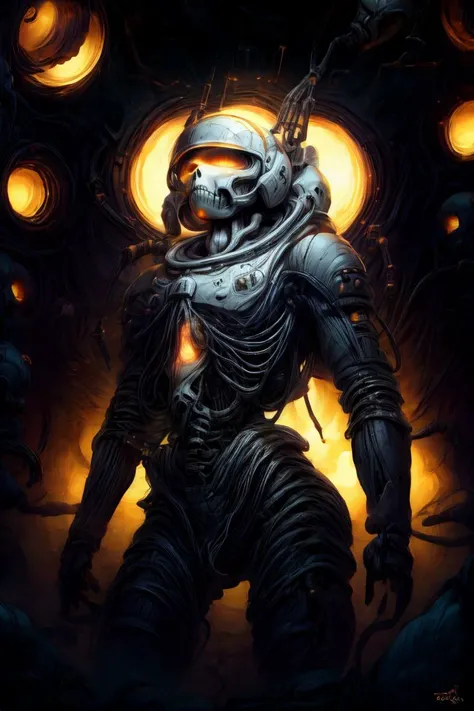 absurdres, intricate details, masterpiece, best quality, high resolution, 8k, (skeleton in astronaut spacesuit:1.2), (skull:1.3), (broken helmet:1.4), (colored light bulbs:1.3), spacesuit, lunar surface, craters, black sky, stars, soft light, front light, rim light
<lora:LunarPunkAI:1> <lora:NecromancyAI:1> <lora:add_detail:1.3> <lyco:GoodHands-beta2:1.0>