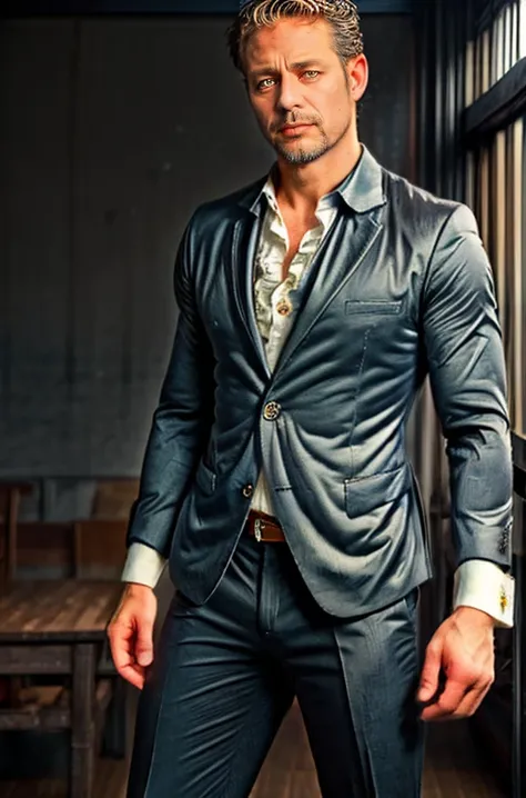 photo RAW 45-year-old-dg_Mark-wearing-Retro-New-Romantic:-Ruffled-poet-shirt slim-suit Chelsea-boots <lora:dg_Mark:1.1> <lora:add_detail:0.5> <lora:LowRA_2:0.6> <lora:RomeoAlberti:0.8> (Cinematic-photograph-:1.05) UHD 4k ultra-detailed epic inspiring beautiful-lighting artistic-composition low-key-lighting (caustics:0.65) (cowboy-shot:0.85) Tilt-Shift (candid-photography-by-Daido-Moriyama by-Mary-Ellen-Mark:1.15) upper-body-view looking-at-the-viewer