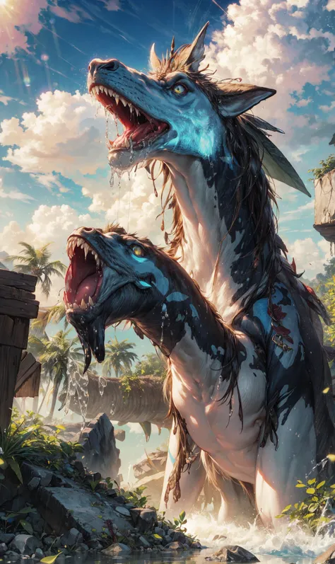 masterpiece, best quality, high quality, extremely detailed CG unity 8k wallpaper, a hyperrealistic colossal cyan raintree, in a futuristic prehistoric village, splashing water, sandy debris, lens flares, sunshaft, fluffy clouds, Hyperdetailed, HDR, bloom, Photorealistic, hyperdetailed