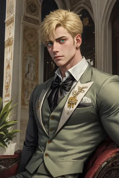 (Absurdres, Absurd Amount of Details, Intricate Details, Masterpiece, Best Quality, High Resolution, 8k), (GS-Masculine:0.3), (1man), (male:1.2), immature face, finely detailed eyes and face, toned body, unique and captivating look, exudes an air of sophistication, bisque skin, ash blonde fringe hair, sage green eyes, exhaustive details, clerical collar shirt with clerical waistcoat, formal khaki pants, tassel loafers, finely detailed background, Depth of Field, VFX