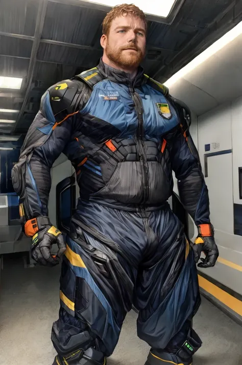 candid-photography-style <lora:dg_Tuck_v1:1> dg_Tuck-wearing-Wearing-a-self-repairing-material-spacesuit:-futuristic-nano-material-gear self-repairing puncture-sealing hazard-resilient.-at-work three-quarter-turn 3/4-body-pose Looking-at-something frustrated-facial-expression sleek-spaceship-interior-with-futuristic-controls