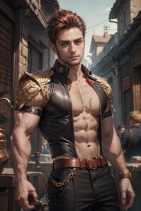 (Absurdres, Intricate Details, Masterpiece, Best Quality, High Resolution, 8k), (1man), (male:1.2), young, dandy face, finely detailed eyes and face, lean, masculine appeal, commanding presence, sinewy torso, amber skin, Italian man, copper mohawk hair, coral eyes, Wolverine beard, standing with arms outstretched and palms up, Depth of Field, VFX.