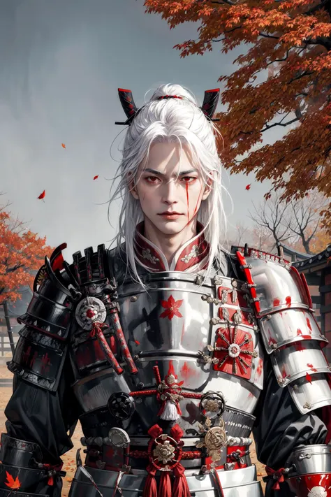 masterpiece,1male, male focus, long loose white hair,rope belt,blood on face, red eyes,cool face,(traditional samurai armor:1.3),guy standing on battle field,bloom,armor reflection,leaf falling background,handsome face,flowing hair, autumn, red trees