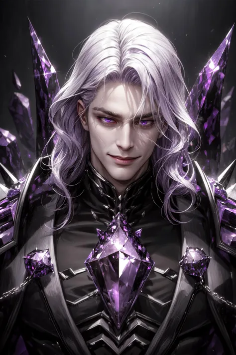 villian, sinister, sinister smile, close up, portrait, high contrast, stylish, masterpiece, best quality, 1male, handsome, young, tall mature guy, white wavy hair, purple crystal armor, armor composed of huge glowing purple crystals that are embedded in his body, consumed by crystals, crazy, lost control of himself, monster