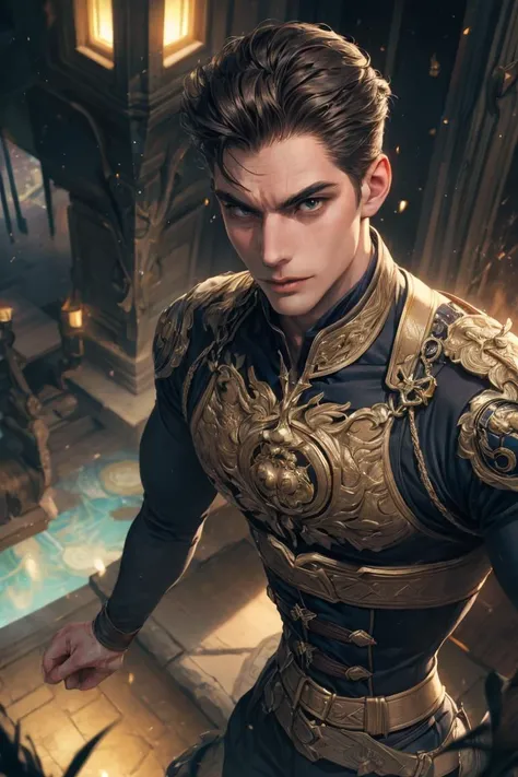 (Absurdres, intricate details, masterpiece, best quality, high resolution, 8k), GS-DeFeminize, (1man), (male:1.2), old, aged up, handsome face, finely detailed eyes and face, lean body, cruel and twisted menacing appearance, gaunt, thin face that seems almost skeletal in appearance, amber skin, ash brown long quiff hair, hazel eyes, satisfied, men corset, far-reaching details, VFX, Gaussian Blur, Cinematic Pose, Deep Focus, High Angle Shot, Dramatic Lighting, Tone-mapping, Ambient Occlusion, Secondary Fill Light, Spectacular Map, Time-Lapsing.