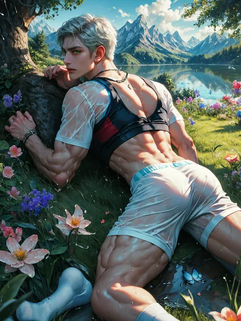 absurdres, intricate details, masterpiece, best quality, ultra high res, 8k, (from behind),
1boy, white tight sportswear, white socks, (wet clothes, transparent clothing:1.2),
manly, mature male, (aged up), looking at viewer, sweat, lying on stomach, back, ass,
(muscular:1.2), (abs, big pectoralis, shiny skin, bare pectorals, large areolae,:0.7)
detailed face, naughty face, green eyes, eye reflection, (silver short hair:1.3), shiny blue necklace,
forest, mountain, lake, (flower, grass:1.2), butterfly, soft rim light,
<lora:cute boys3:0.4> <lora:handsomeMan_v10:0.6> <lora:epi_noiseoffset2:1>