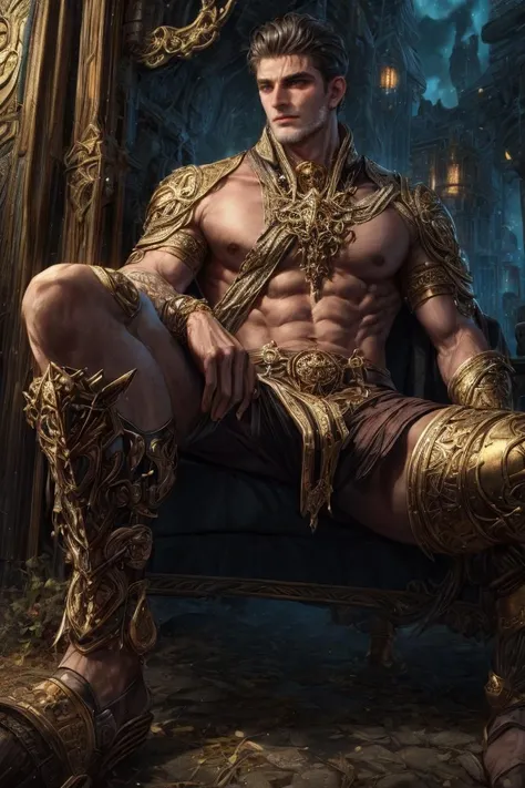 (Absurdres, Absurd Amount of Details, Intricate Details, Masterpiece, Best Quality, High Resolution, 8k), (1man), (male:1.2), old, aged up, handsome face, angular jawline, finely detailed eyes and face, muscular body, kind and gentle demeanor, tanned skin, scarlet choppy shag hair, dark gray eyes, Van Dyke shaving, sumptuous details, <lora:DwemerTech:0.7> dwemertech, sitting with one leg stretched out and hands resting on the ankle, looking away, finely detailed background, Depth of Field, VFX