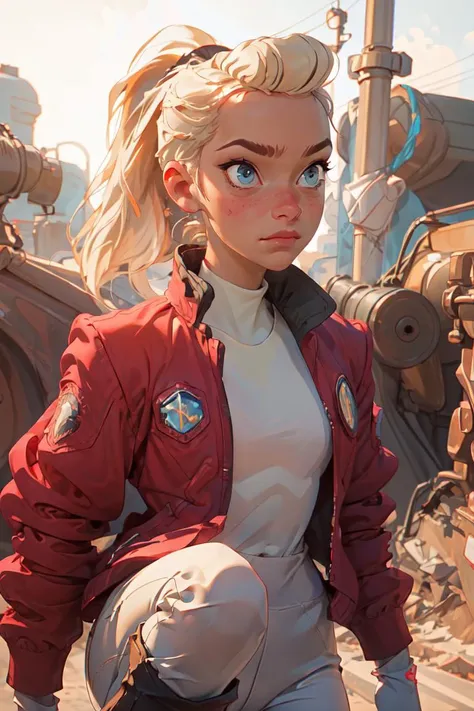 (adora \(she-ra\):1),  (ponytail, red coat, long white sleeve shirt, gray pants, red and white boots:1.5), (long hair,  blue eyes:1), cartoony facial features, large round eyes,  (realistic:1.2),  (masterpiece:1.2), (full-body-shot:1),(Cowboy-shot:1.2), magical background, industrial, neon lighting, dark romantic lighting, (highly detailed:1.2),(detailed face:1.2), (gradients), colorful, detailed eyes, (detailed landscape:1.2), (natural lighting:1.2),(detailed background),detailed landscape, (dynamic pose:1.2), close shot, solo, <lora:shera_adora-03:0.99> <lora:add_detail:0.3> <lora:hipoly3DModelLora_v10:0.05>  <lora:RSERomantic_RSESofiko_RSEEmma-v1:0.1>