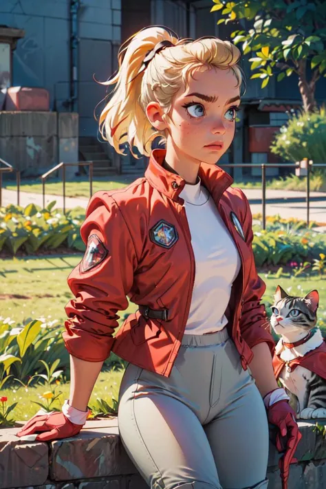 (adora \(she-ra\):1), (ponytail, red coat, long white sleeve shirt, gray pants, red and white boots:1.5), (long hair, blue eyes:1), cartoony facial features, large round eyes, cat ears, (realistic:1.2), (masterpiece:1.2), (full-body-shot:1),(Cowboy-shot:1.2), magical background, industrial, neon lighting, dark romantic lighting, (highly detailed:1.2),(detailed face:1.2), (gradients), colorful, detailed eyes, (detailed landscape:1.2), (natural lighting:1.2),(detailed background),detailed landscape, (dynamic pose:1.2), close shot, solo, <lora:shera_adora-03:0.8> <lora:add_detail:0.3> <lora:hipoly3DModelLora_v10:0.05> <lora:RSERomantic_RSESofiko_RSEEmma-v1:0.1>