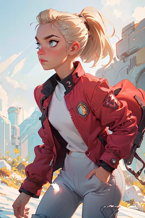 (adora \(she-ra\):1), (ponytail, red coat, long white sleeve shirt, gray pants, red and white boots:1.5), (long hair, blue eyes:1), cartoony facial features, large round eyes, cat ears, (realistic:1.2), (masterpiece:1.2), (full-body-shot:1),(Cowboy-shot:1.2), magical background, industrial, neon lighting, dark romantic lighting, (highly detailed:1.2),(detailed face:1.2), (gradients), colorful, detailed eyes, (detailed landscape:1.2), (natural lighting:1.2),(detailed background),detailed landscape, (dynamic pose:1.2), close shot, solo, <lora:shera_adora-03:0.8> <lora:add_detail:0.3> <lora:hipoly3DModelLora_v10:0.05> <lora:RSERomantic_RSESofiko_RSEEmma-v1:0.1>