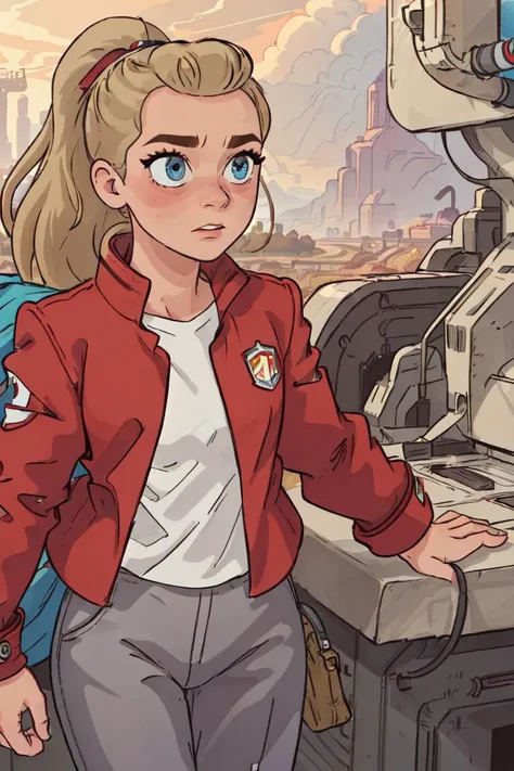 (adora \(she-ra\):1), (ponytail, red coat, long white sleeve shirt, gray pants, red and white boots:1.5), (long hair, blue eyes:1), cartoony facial features, large round eyes, (realistic:1.2), (masterpiece:1.2), (full-body-shot:1),(Cowboy-shot:1.2), magical background, industrial, neon lighting, dark romantic lighting, (highly detailed:1.2),(detailed face:1.2), (gradients), colorful, detailed eyes, (detailed landscape:1.2), (natural lighting:1.2),(detailed background),detailed landscape, (dynamic pose:1.2), close shot, solo, <lora:shera_adora-03:0.8> <lora:add_detail:0.3> <lora:hipoly3DModelLora_v10:0.05> <lora:RSERomantic_RSESofiko_RSEEmma-v1:0.1>
