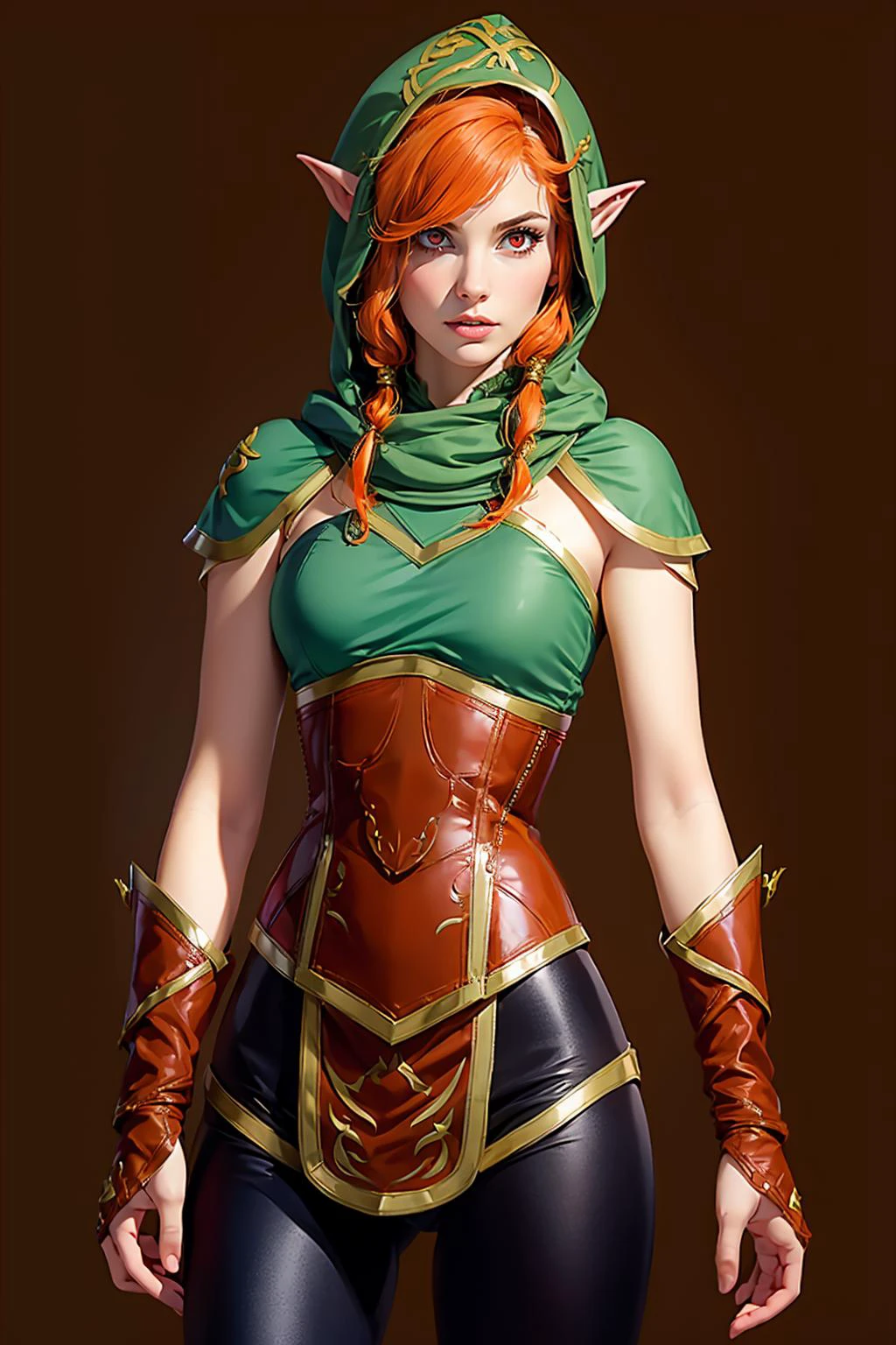 1girl, solo, beautiful age 25 , masterpiece, best quality, high detail, high quality <lora:Char_bh-Ember:0.85> bhember, hood, tunic, fingerless gloves, leggings, orange hair, red eyes <lora:Outfit_CorsetGothiquebyEDG:0.8> edgcorset