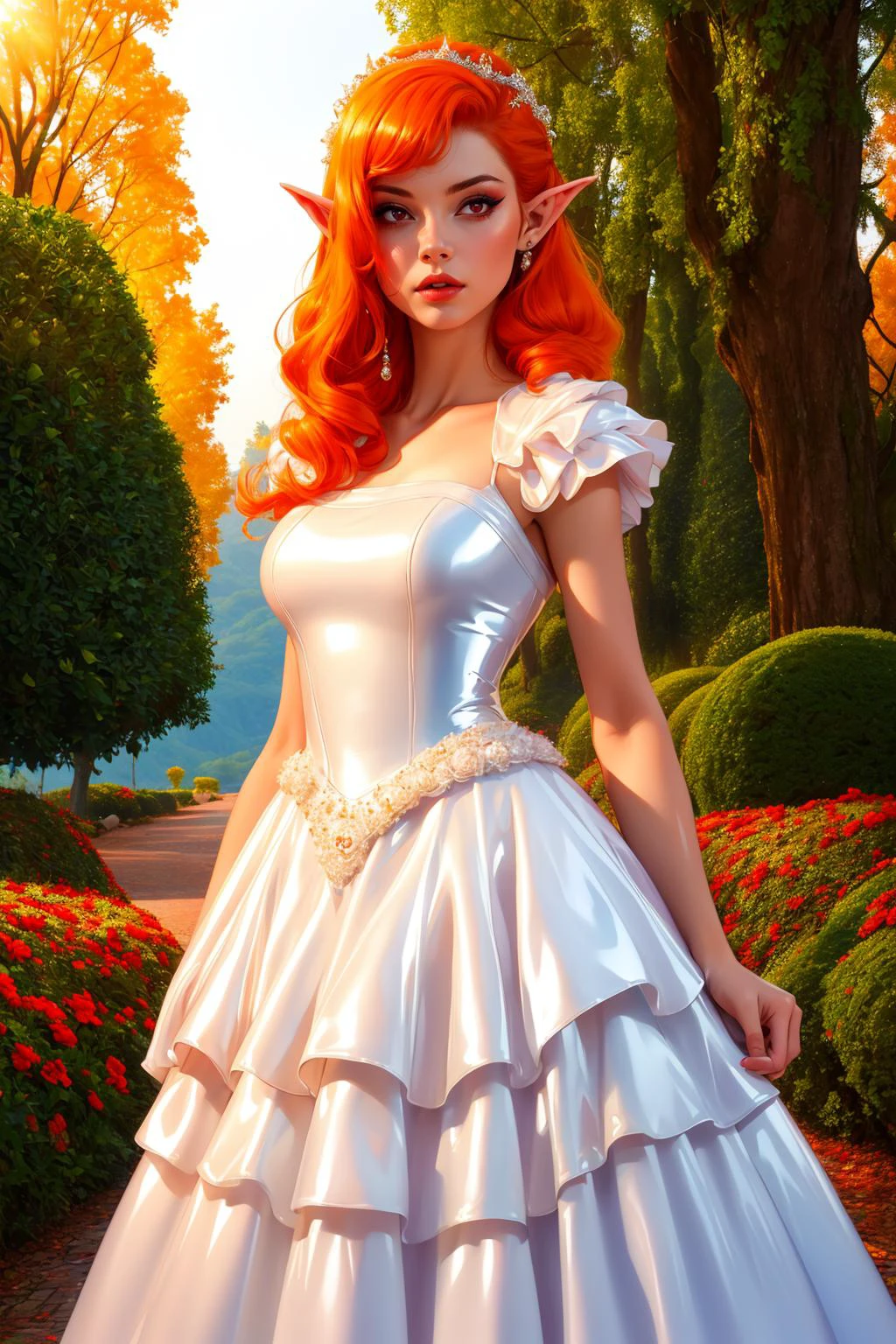 1girl, solo, beautiful age 25 , masterpiece, best quality, high detail, high quality <lora:Char_bh-Ember:0.85> bhember, (((latex white voluminous rich ballgown))), orange hair, red eyes <lora:Khoir:0.6> khoirstyle