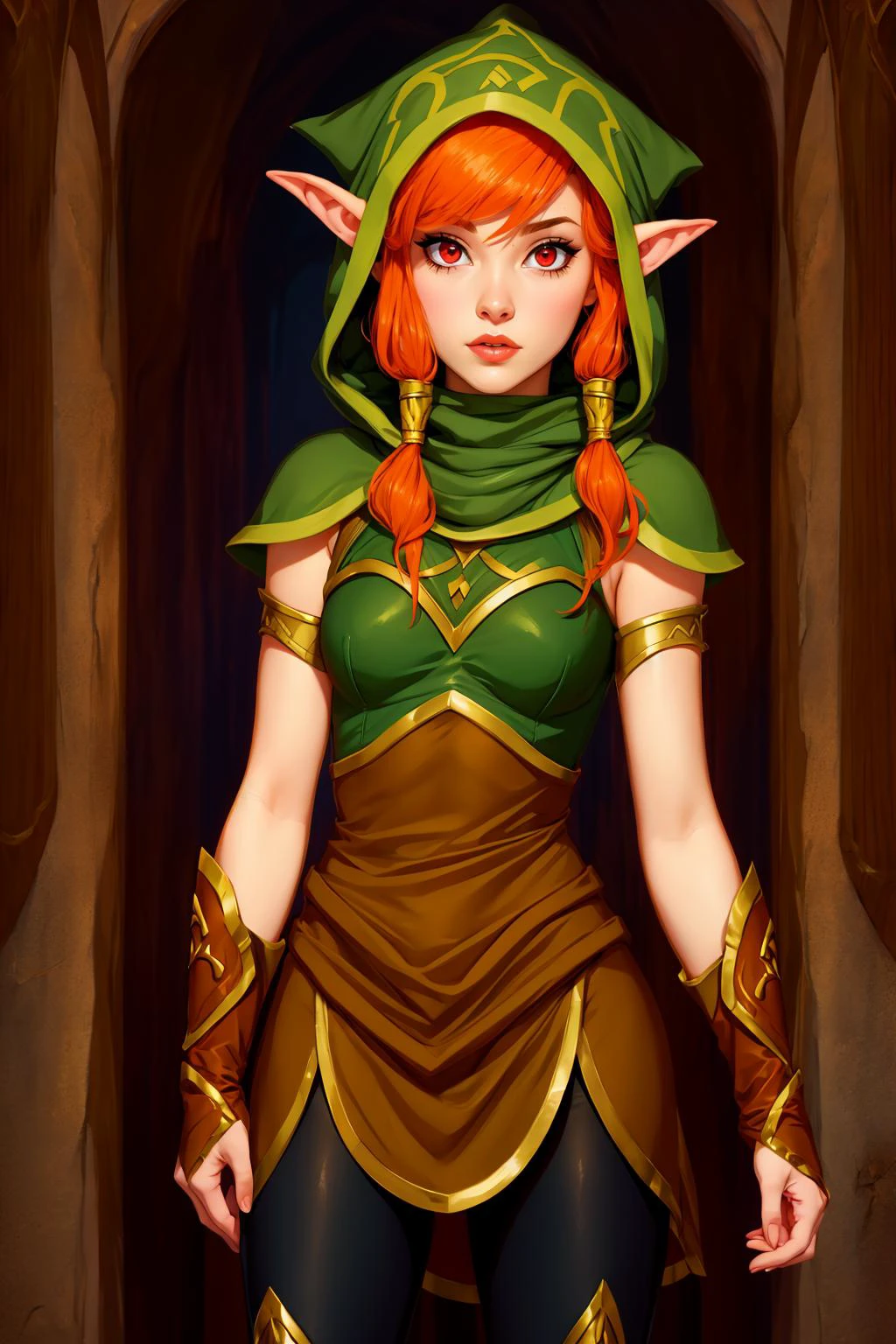 1girl, solo, beautiful age 25 , masterpiece, best quality, high detail, high quality <lora:Char_bh-Ember:0.85> bhember, hood, tunic, fingerless gloves, leggings, orange hair, red eyes