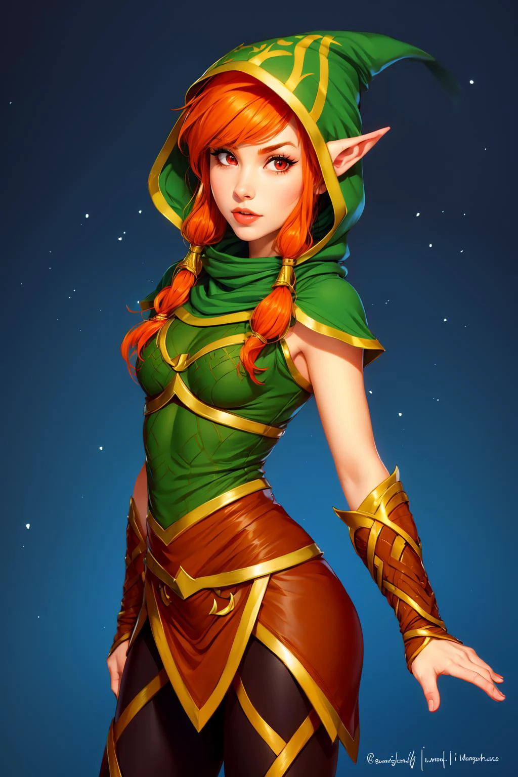 1girl, solo, beautiful age 25 , masterpiece, best quality, high detail, high quality <lora:Char_bh-Ember:0.85> bhember, hood, tunic, fingerless gloves, leggings, orange hair, red eyes <lora:Khoir:0.6> khoirstyle