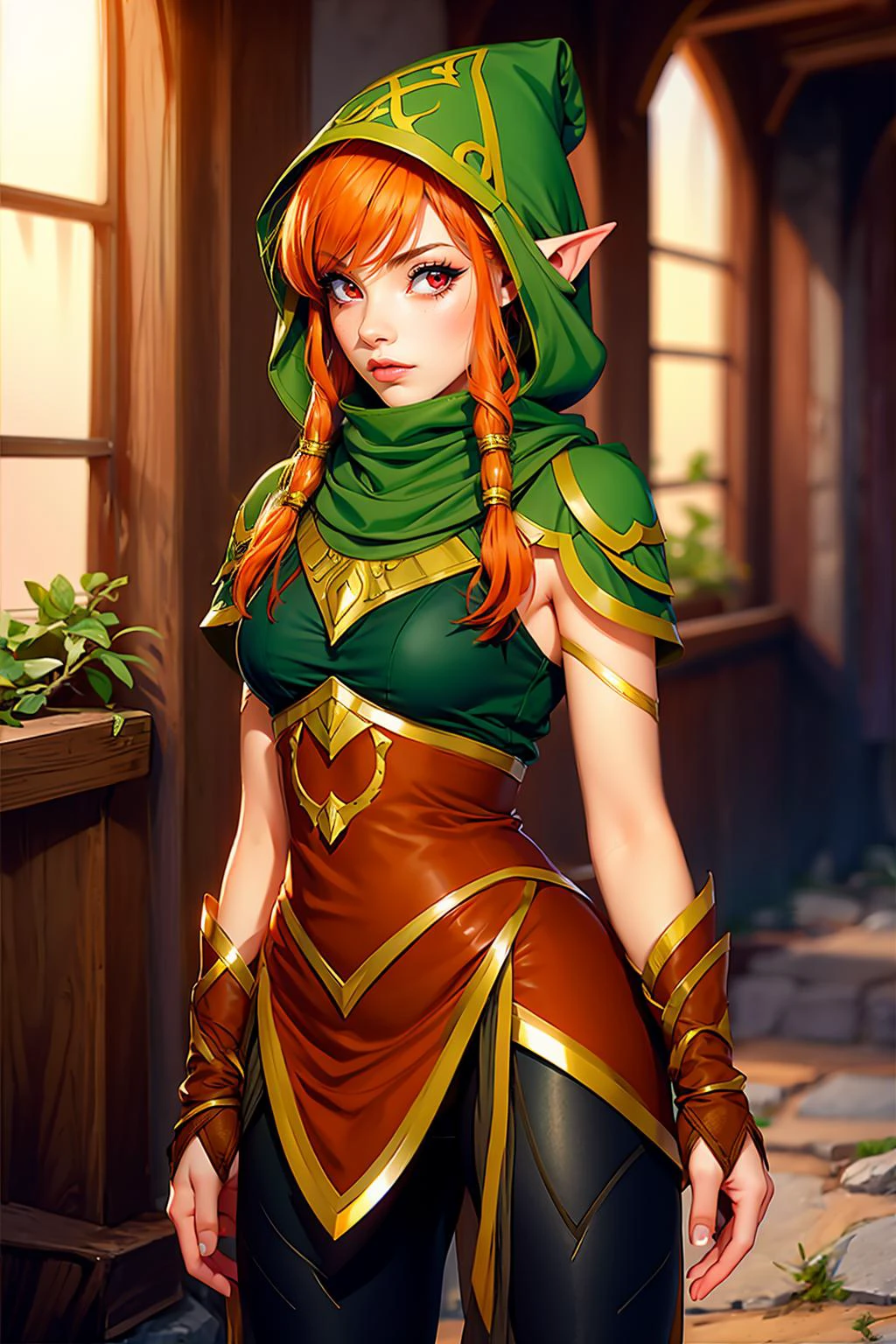 1girl, solo, beautiful age 25 , masterpiece, best quality, high detail, high quality <lora:Char_bh-Ember:0.85> bhember, hood, tunic, fingerless gloves, leggings, orange hair, red eyes <lora:Theme_GothGal-v1:0.8>