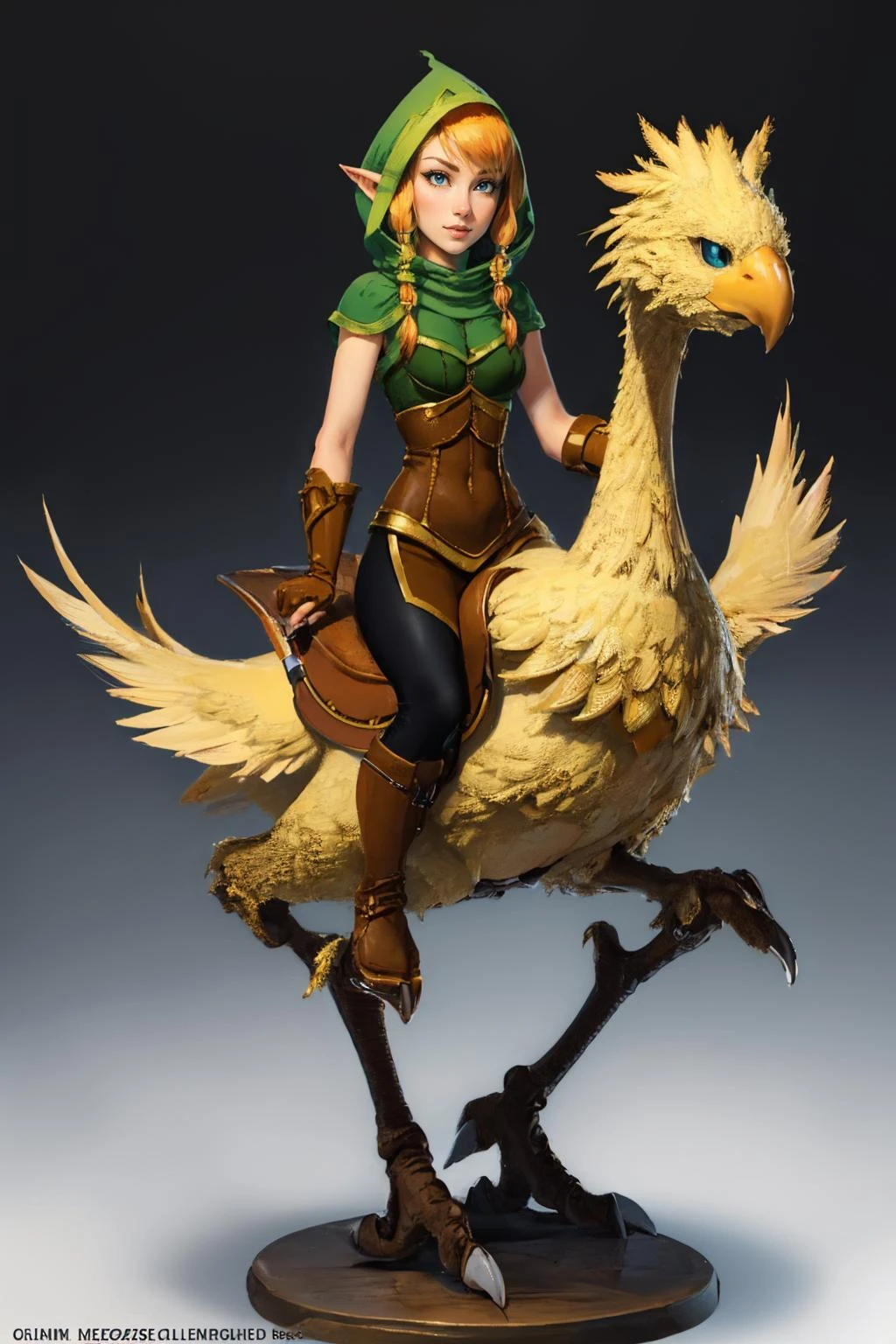(masterpiece, best quality:1.2), solo, 1girl, bhember, grin, riding chocobo, chocobo, chocobo, hood, v-shaped eyebrows, tunic, fingerless gloves, leggings <lora:brawlhalla_ember-16:1> <lora:chocobo-nvwls-v1:1>