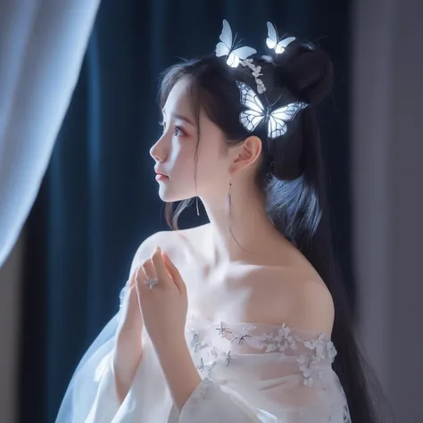 qingqududou,1girl, moon, jewelry, black hair, earrings, butterfly, long hair, solo, full moon, hair ornament, night, single hair bun, hair bun, holding, long sleeves, moonlight, see-through, bridal veil, curtains, tiara, bride, glowing, <lora:changexianziSDXL01-000001:0.3> <lora:qingqududousdxl-000008:0.7>