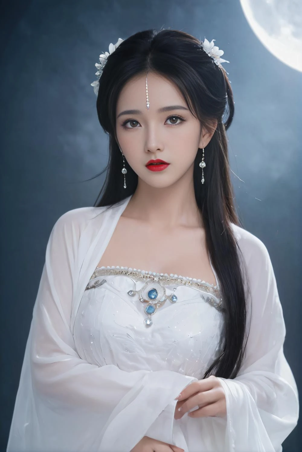 changexianzi,cexz3,1girl,solo,long hair,looking at viewer,simple background,black hair,hair ornament,long sleeves,white background,dress,jewelry,upper body,earrings,sky,wide sleeves,white dress,black eyes,lips,see-through,makeup,night,facial mark,chinese clothes,moon,lipstick,full moon,hair rings,shawl,forehead mark,realistic,red lips,hagoromo,hanfu,<lora:changexianzi:0.7>,