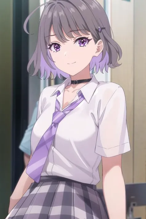 akaritanikita, <lora:akari tanikita s1-lora-nochekaiser:1>,
akari tanikita, short hair, bangs, (purple eyes:1.1), grey hair, multicolored hair, ahoge, smile,
BREAK skirt, shirt, school uniform, white shirt, short sleeves, pleated skirt, necktie, shoes, choker, socks, striped, collared shirt, black footwear, blue skirt, plaid, black choker, plaid skirt, black socks, sneakers, purple skirt, shirt tucked in, striped necktie, purple necktie,
BREAK indoors, classroom,
BREAK looking at viewer, (cowboy shot:1.5),
BREAK <lyco:GoodHands-beta2:1>, (masterpiece:1.2), best quality, high resolution, unity 8k wallpaper, (illustration:0.8), (beautiful detailed eyes:1.6), extremely detailed face, perfect lighting, extremely detailed CG, (perfect hands, perfect anatomy),