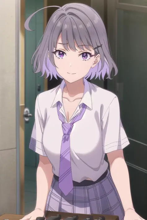 akaritanikita, <lora:akari tanikita s1-lora-nochekaiser:1>,
akari tanikita, short hair, bangs, (purple eyes:1.1), grey hair, multicolored hair, ahoge, smile,
BREAK skirt, shirt, school uniform, white shirt, short sleeves, pleated skirt, necktie, shoes, choker, socks, striped, collared shirt, black footwear, blue skirt, plaid, black choker, plaid skirt, black socks, sneakers, purple skirt, shirt tucked in, striped necktie, purple necktie,
BREAK indoors, classroom,
BREAK looking at viewer, (cowboy shot:1.5),
BREAK <lyco:GoodHands-beta2:1>, (masterpiece:1.2), best quality, high resolution, unity 8k wallpaper, (illustration:0.8), (beautiful detailed eyes:1.6), extremely detailed face, perfect lighting, extremely detailed CG, (perfect hands, perfect anatomy),