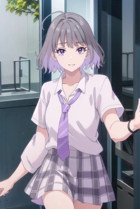 akaritanikita, <lora:akari tanikita s1-lora-nochekaiser:1>,
akari tanikita, short hair, bangs, (purple eyes:1.1), grey hair, multicolored hair, ahoge, smile,
BREAK skirt, shirt, school uniform, white shirt, short sleeves, pleated skirt, necktie, shoes, choker, socks, striped, collared shirt, black footwear, blue skirt, plaid, black choker, plaid skirt, black socks, sneakers, purple skirt, shirt tucked in, striped necktie, purple necktie,
BREAK indoors, classroom,
BREAK looking at viewer, (cowboy shot:1.5),
BREAK <lyco:GoodHands-beta2:1>, (masterpiece:1.2), best quality, high resolution, unity 8k wallpaper, (illustration:0.8), (beautiful detailed eyes:1.6), extremely detailed face, perfect lighting, extremely detailed CG, (perfect hands, perfect anatomy),